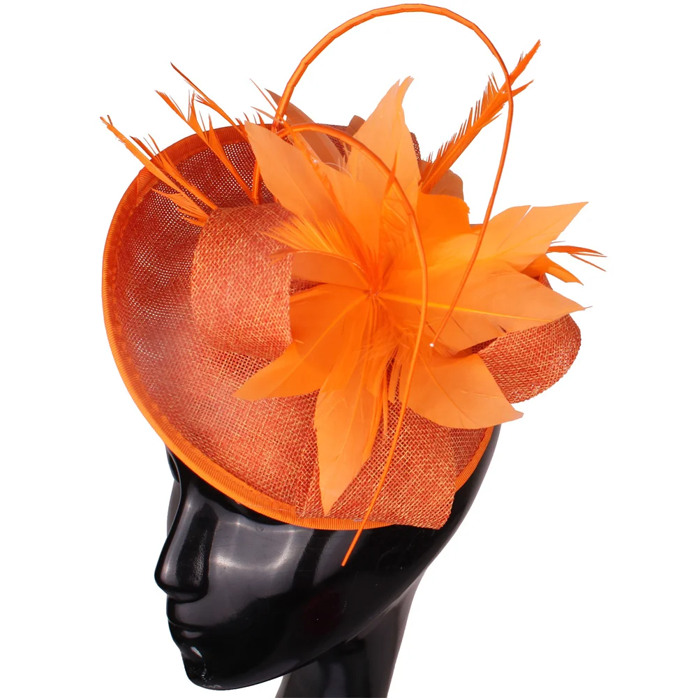 

New Style Ladies Orange Fascinator Hats with Fancy Floral on Haiirbands for Women Elegant Party Married Race Feathers Headwear