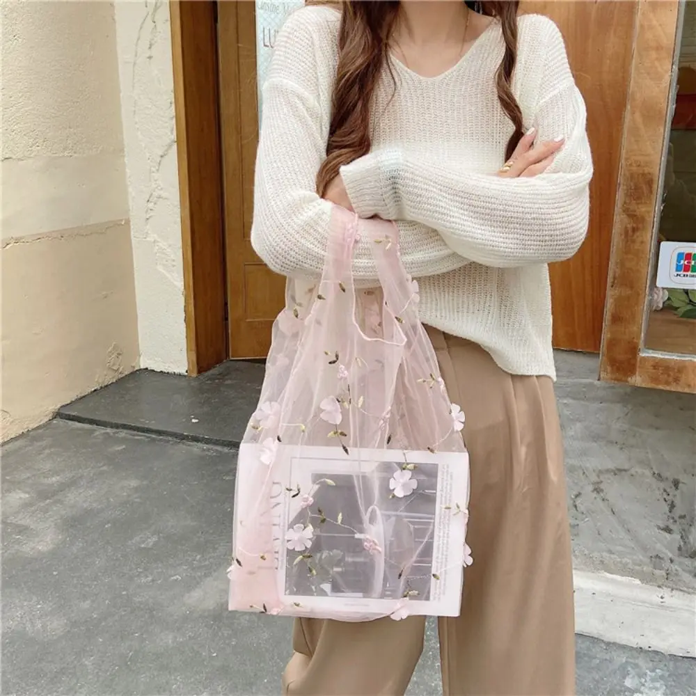 Flower Transparent Handbag Foldable Mesh Cloth Embroidery Bag Storage Bag Large Capacity Shopping Bag Women