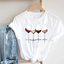 Fashion Trend Short Sleeve Women Ladies T Shirt Top Girl Wine Style Trend Printing Lady Travel Graphic T-Shirt