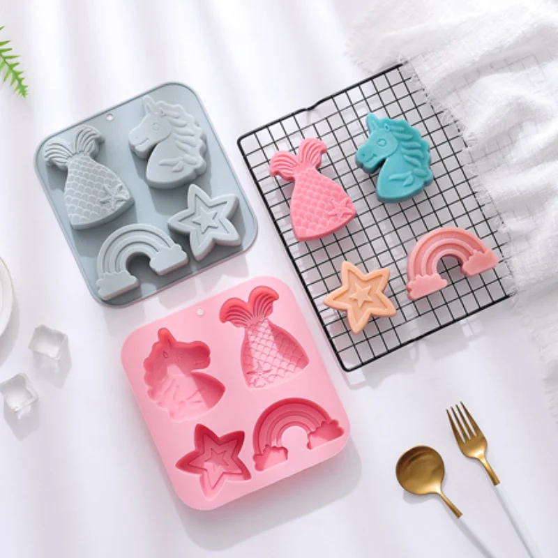 Cartoon Porous Unicorn Silicone Chocolate Mold Mermaid Candy Cake Ice Baking Mould DIY Star Rainbow Soap Candle Making Gifts