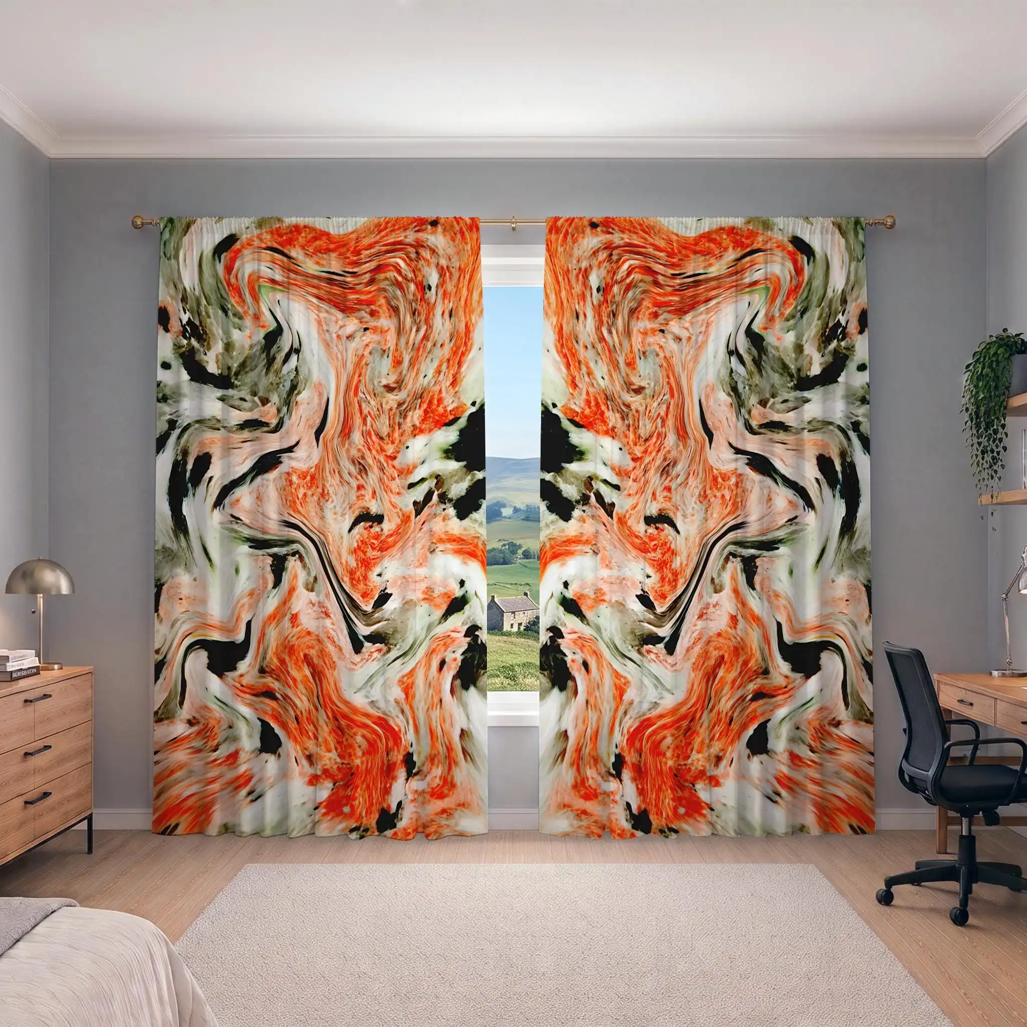 Abstract Watercolor Orange Red Swirl Curtain Panels for Living Room Home Decor Window Treatment