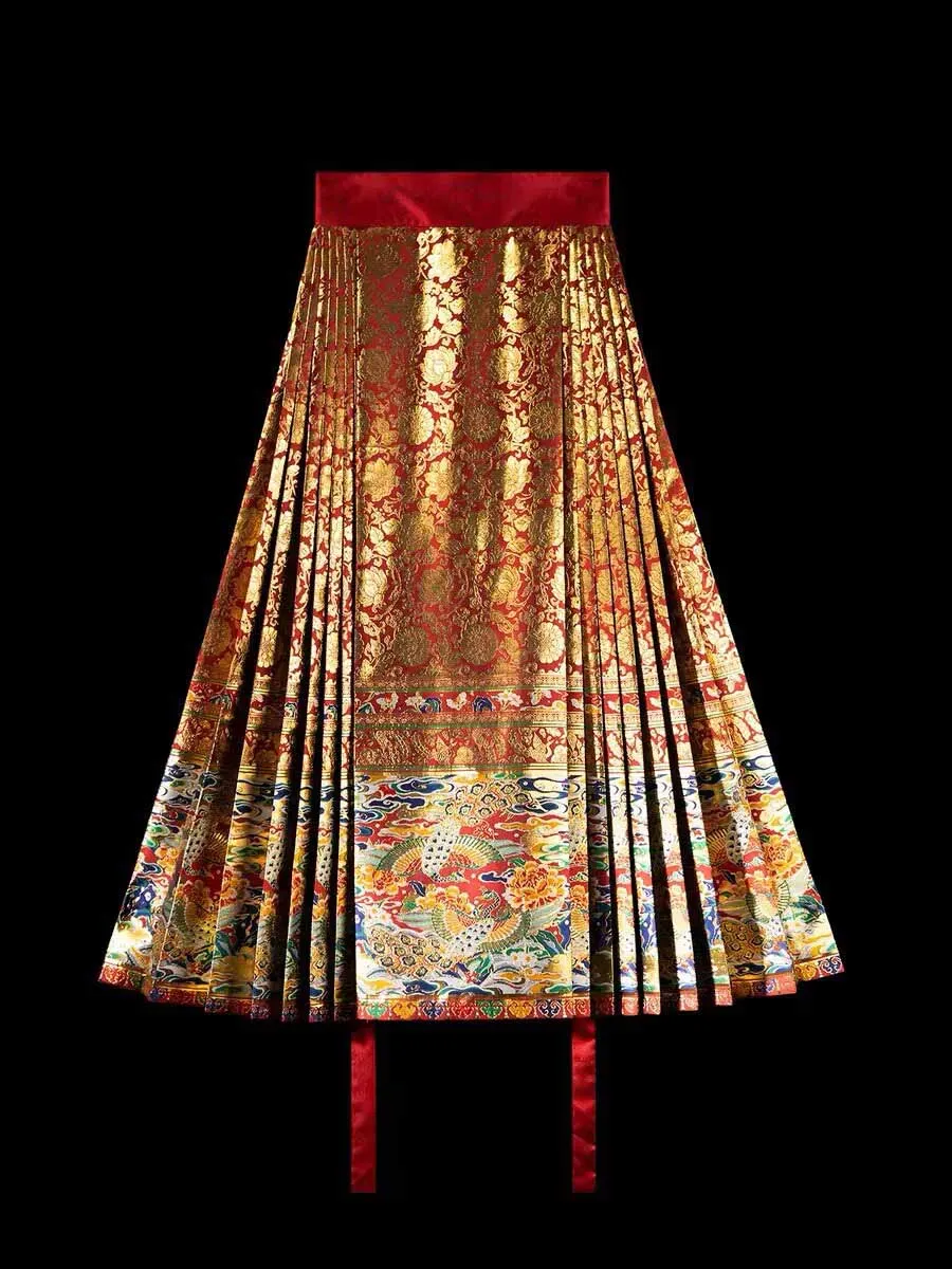 Ming Style Mamianqun Skirt Brocade Jacquard Peacock Pattern Chinese Traditional Hanfu Pleated Skirt Formal Wedding Party Costume