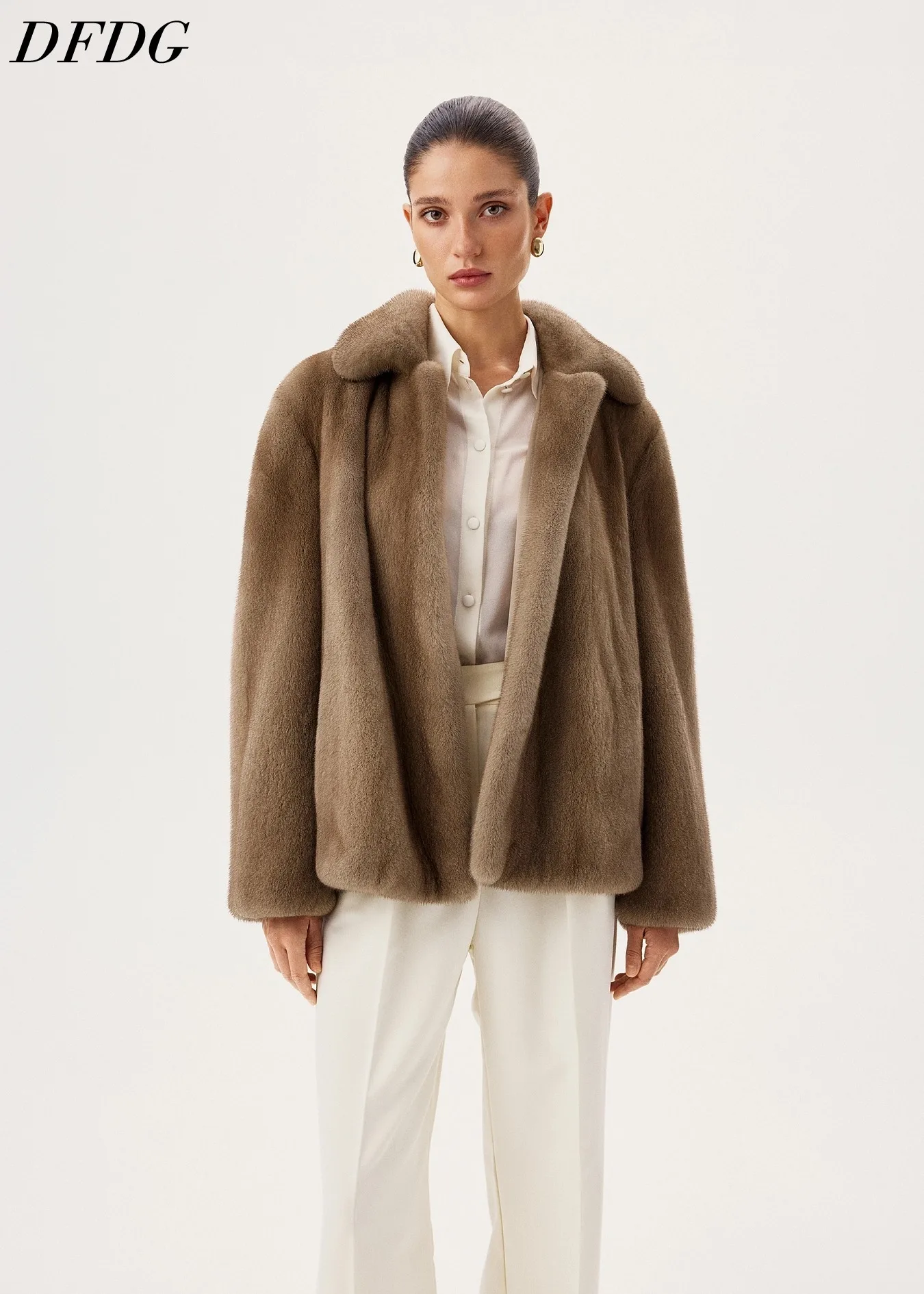 DFDG Women Notched Lapel Faux Mink Fur Short Coat Open Front Soft Thick Warm Luxury Winter Elegant Furry Outerwear Jacket