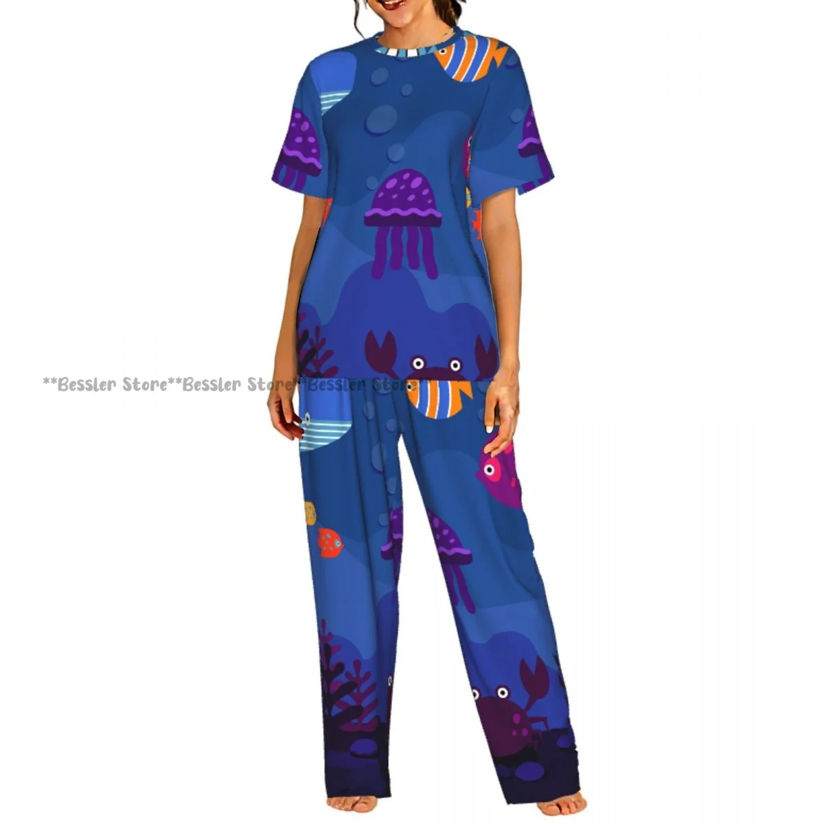 

Women's 2-piece set Ocean Sea Fish Aquarium Whale Pajamas Short sleeved Top and Pants Sleepwear