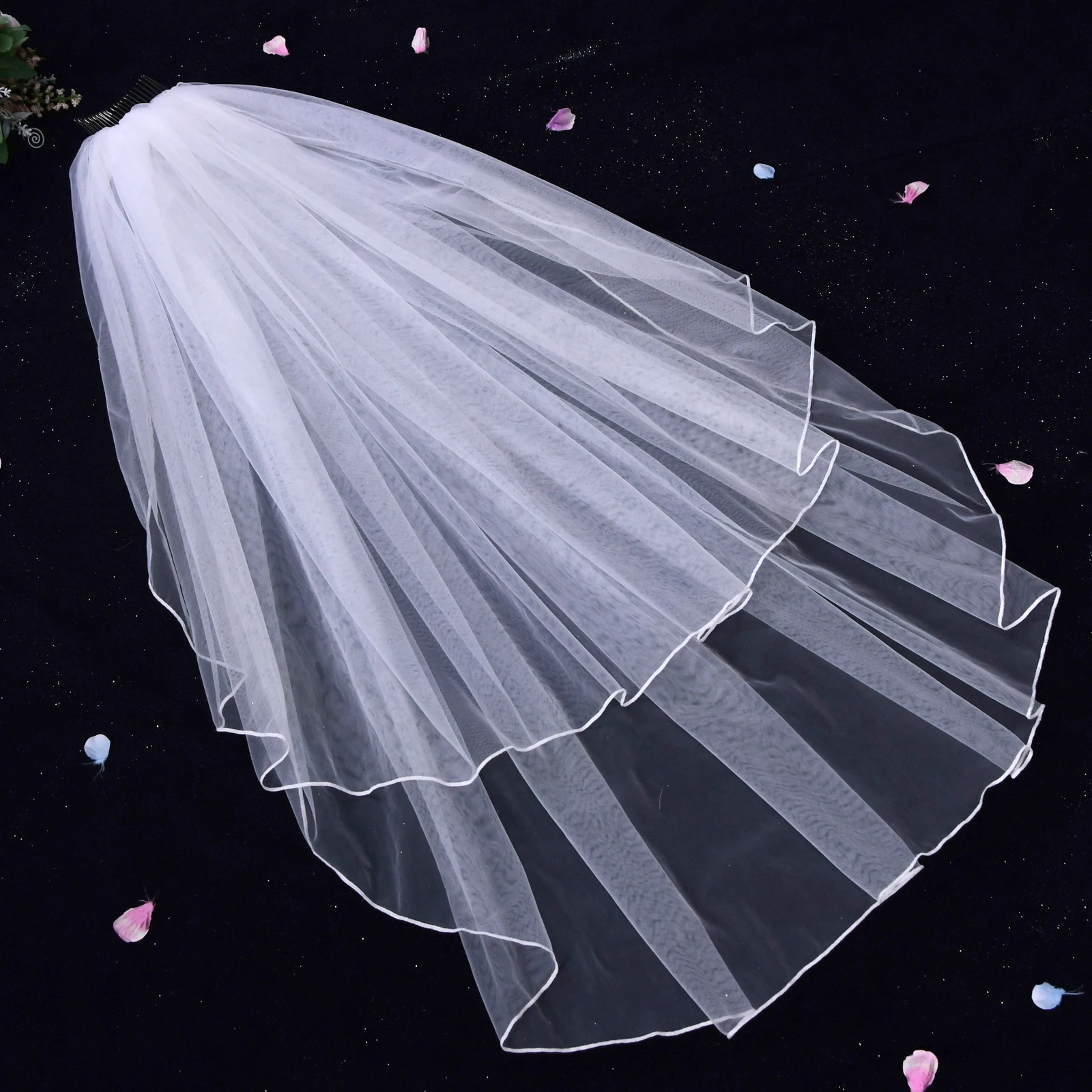 Short Bridal Veils with Blusher 2 Tier Pencil Edge Wedding Veil Black Veil Eblow Length Wedding Accessories for Bride V15