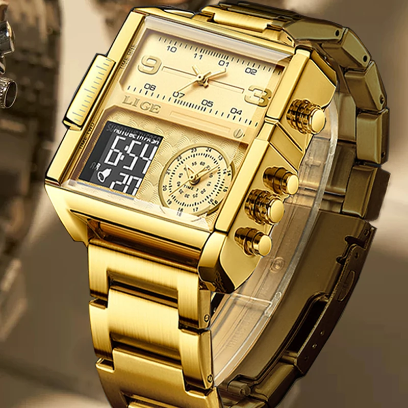 LIGE Luxury Original Men Sports orologio da polso oro quarzo acciaio impermeabile doppio Display orologio orologi Relogio Masculino per uomo