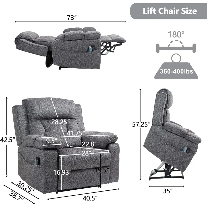 Power Lay Flat Lift Chair Oversized Recliner Dual Motor Heat Vibration for Elderly, Overstuffed Electric Extra Wide Recliners