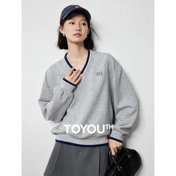 TOYOUTH Women Hoodie 2024 Autumn New Contrasting Color V Neck Splicing Split Design Pullover Tops Gray