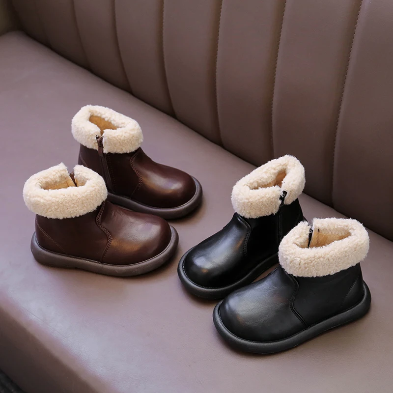 

Girls Plush Lining Leather Boots 2025 New Winter Toddler Warm Cotton Boots Non-slip Classic Princess Girls Party Wedding Boots