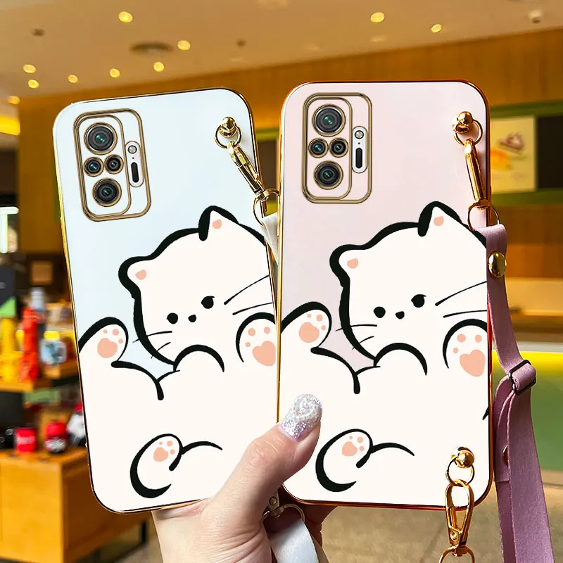 White Cloud Cat Lanyard Plating Phone Case For Xiaomi Redmi Note 10Pro 10T 10S 10 11T 11 11Pro 11S 11TPro 11E 12Pro 12S 12 Cover