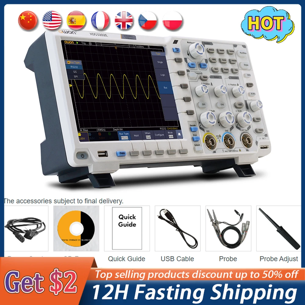 Owon XDS3202E Osiloscopio Digital Oscilloscope 1GS/s 200MHz 2CH+1(external) 40M Record Length 8 bits Multimeter Oscilloscope