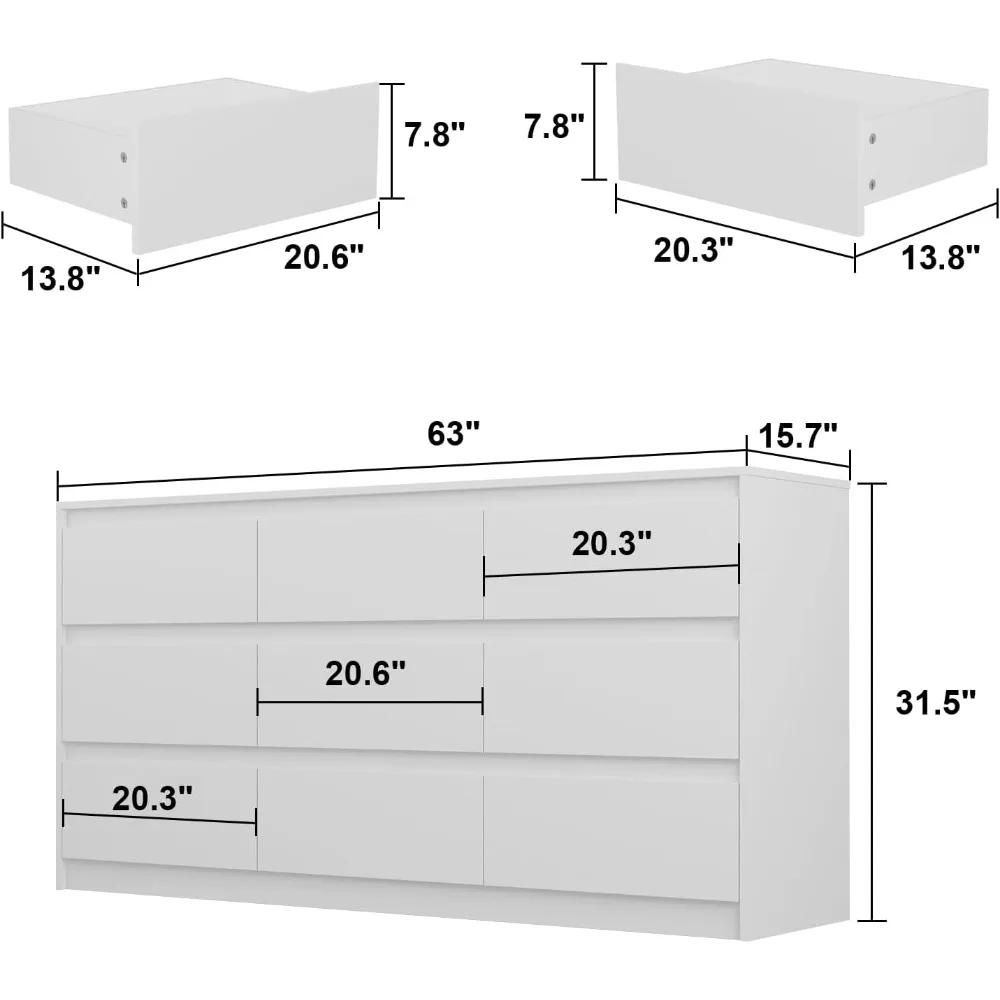 9 White Drawer Dressers, Dresser for Bedroom Organize, Wooden Long Dresser with 9 Handle Free Drawers, Storage Chest of Drawers