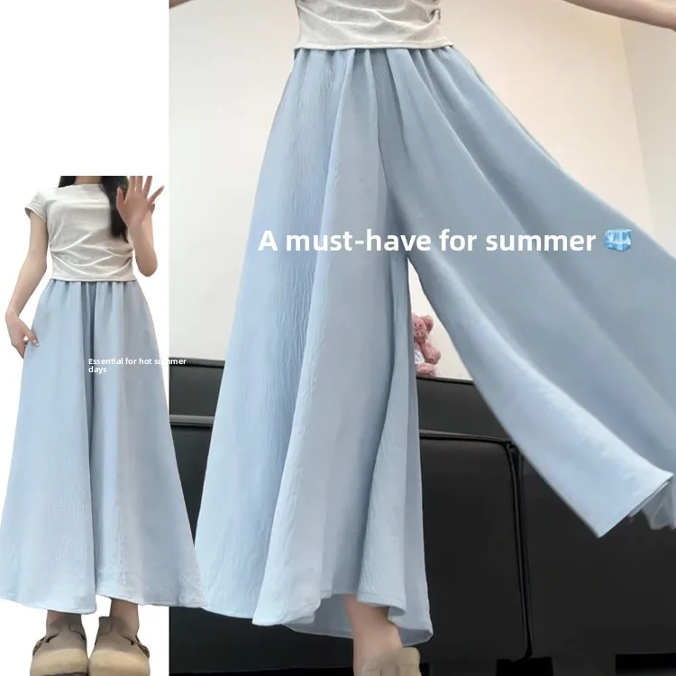 Pantaloni a gamba larga in seta blu ghiaccio Donna Estate Nuovi pantaloni larghi dimagranti con gonna a f Pendolarismo Sle Vita alta Nove punti Poliestere...