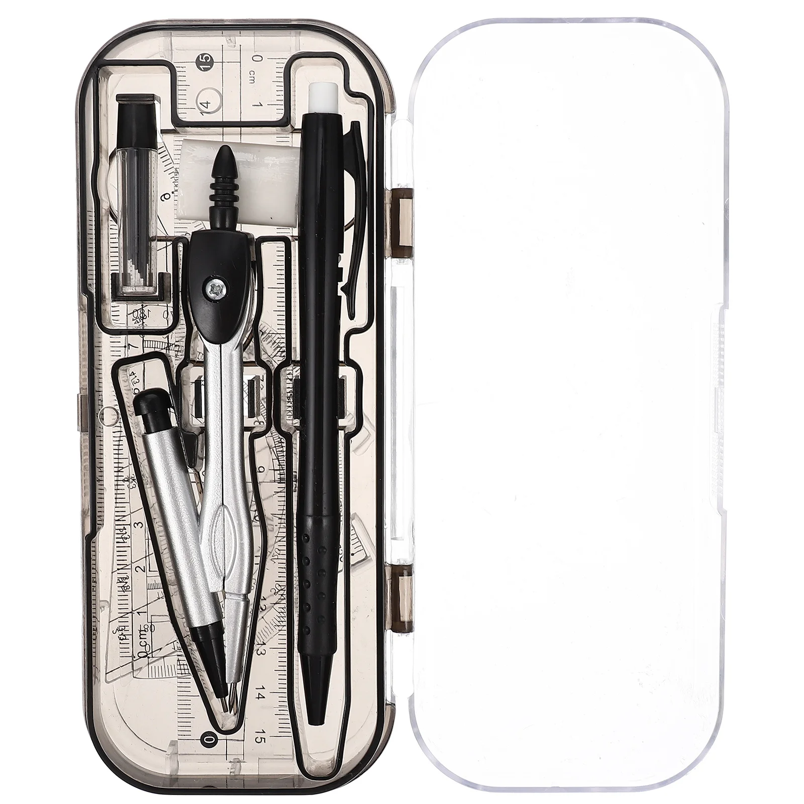 Règle de boussole, outils de mesure, boîte à outils de dessin, rapporteur en plastique transparent, règle triangulaire, Kit de papeterie scolaire et mathématique, 1 ensemble