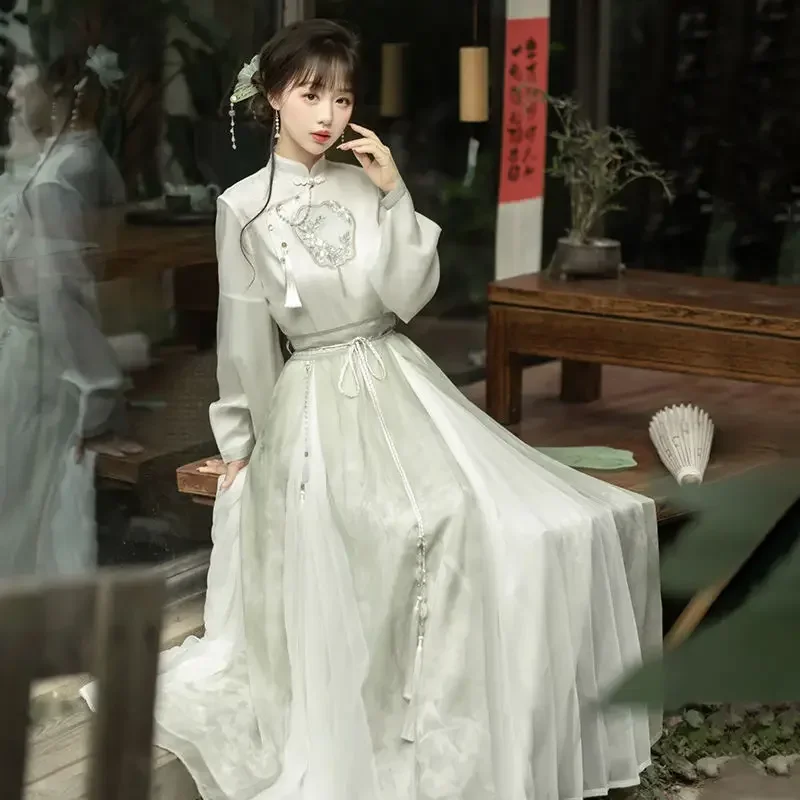 여성용 모던 선풍기 자수 긴팔 한푸 탑 스커트, 우아한 티 의류, Vestido Oriental, 2023 가을 하이 퀄리티