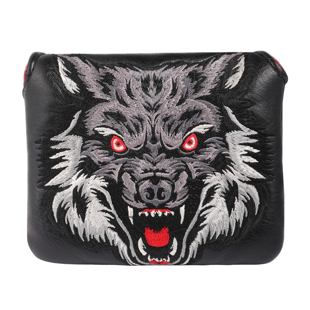 Black Synthetic Leather Wolf Embroidery Golf Club Mallet Putter Cover with Magnetic