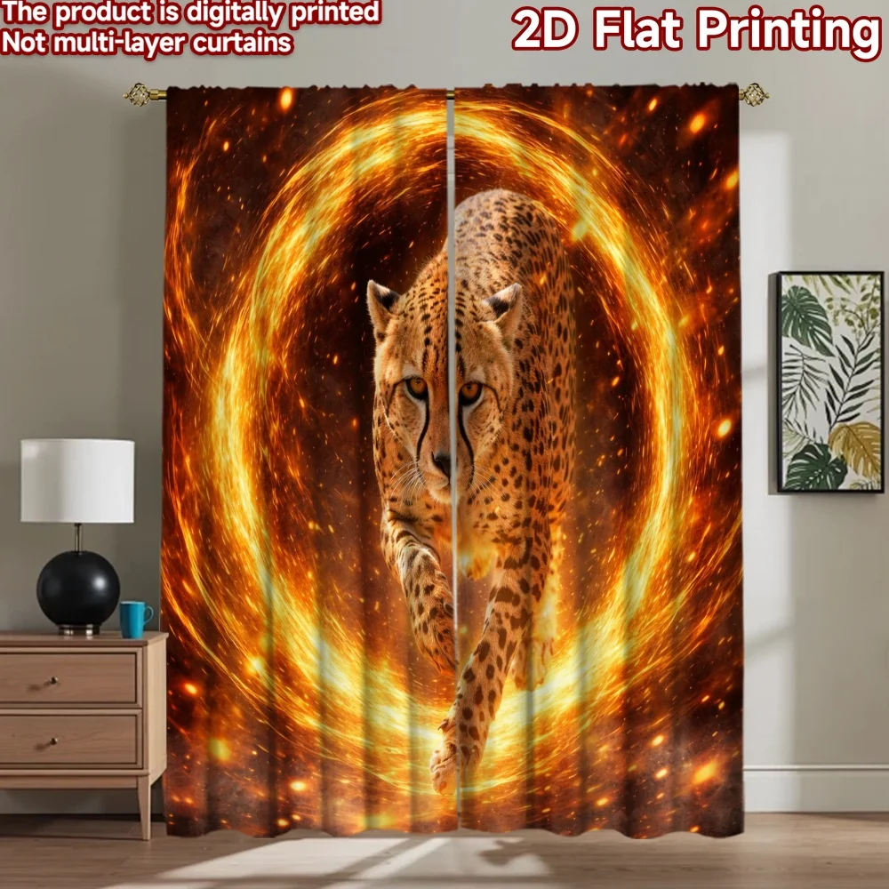 2D flat printing 2pcs Curtain Window Curtains Fiery Cheetah Charge Digital Printed Polyester Drapes Festive Curtains Use for