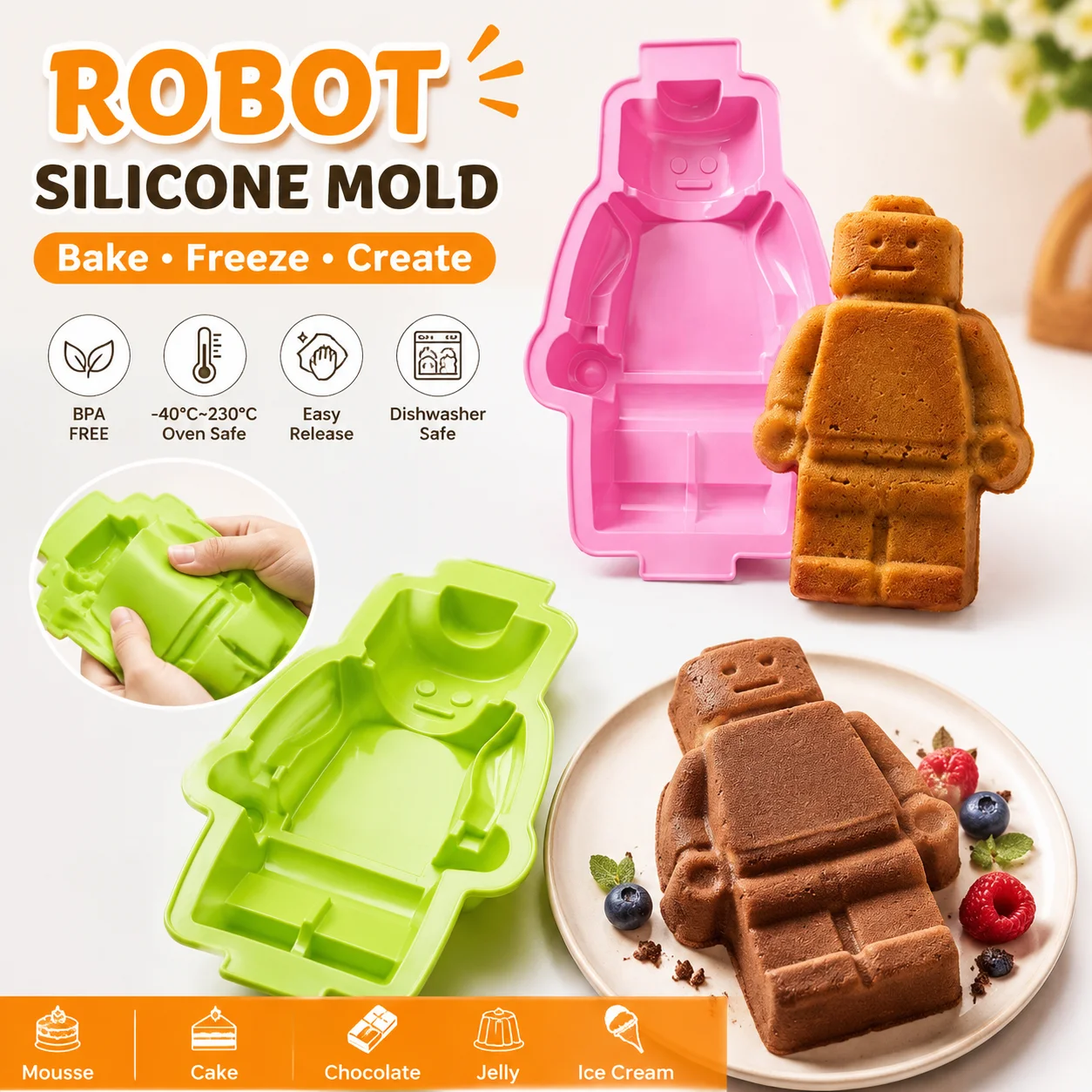 3D Giant Minifigure Robot Silicone Mold for Baking Cake Mousse Breakable Chocolate DIY Fondant Pan Kids Birthday Accessory