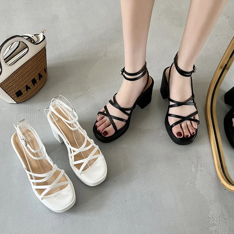 2024 Summer Cross-Shoes Beige Heeled Sandals Espadrilles Platform Mid-Calf Strap Open Toe Black Comfort New Block High Fashion G