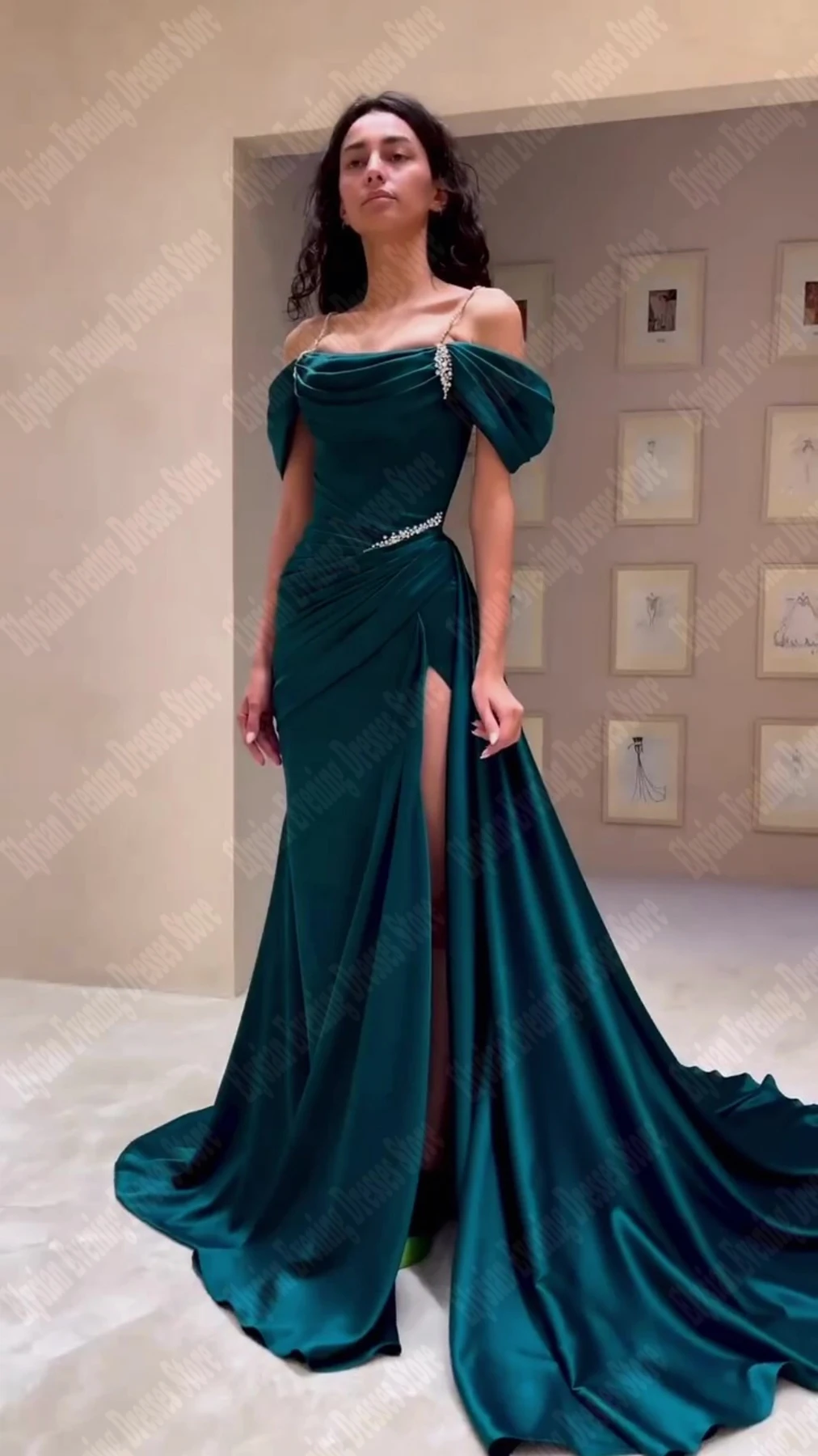 Elegant Luxury Slit Lady Evening Dresses Long Satin Formal Princess Gowns Off The Shoulder Side Split Pleat Vestidos De Noche