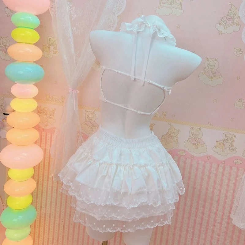 Cosplay HelloKitty Crop Top Lace Trim Bows Decoration Sweet and Off Shoulder Sling Lolita Style Aesthetic Anti Glare Short Skirt - view 6