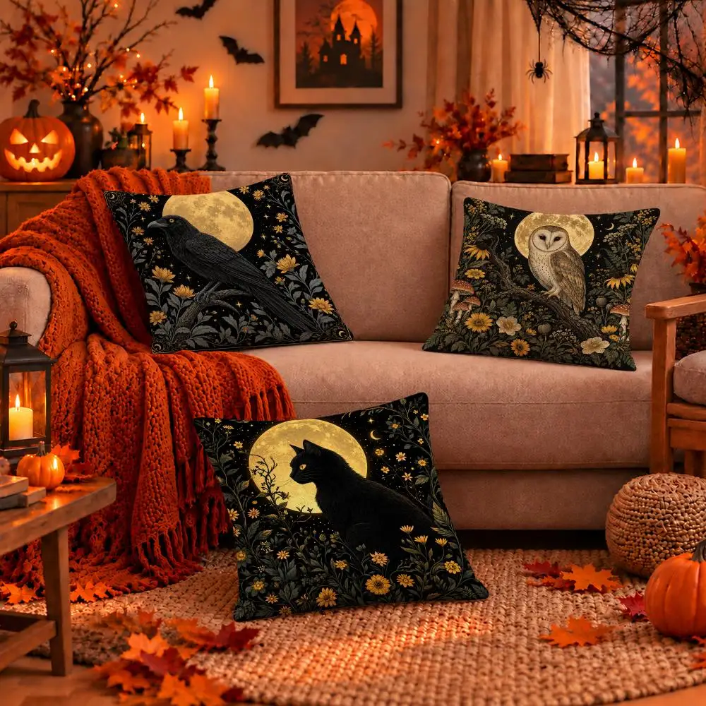 Art Halloween Midnight Moonlit Forest Cushion Cover Dark Gothic Plush Pillow Covers for Sofa Bedroom Home Decor