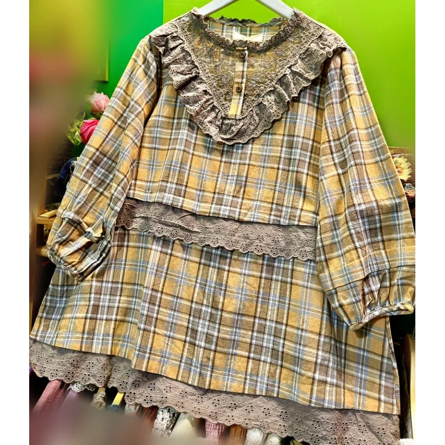 

Women Cotton Linen Plaid Lace Patchwork Autumn Long Sleeve Blouse Vintage Cottagecore Edwardian Mori Girl Retro Sweet Shirt Tops