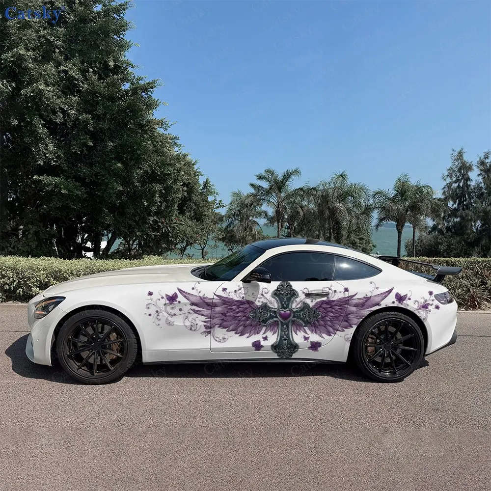 2pcs Cross Purple Feather Hearts Car Side Wraps, Self-Adhesive PVC Waterproof & Scratch-Resistant Stickers, Car Accessory Gift