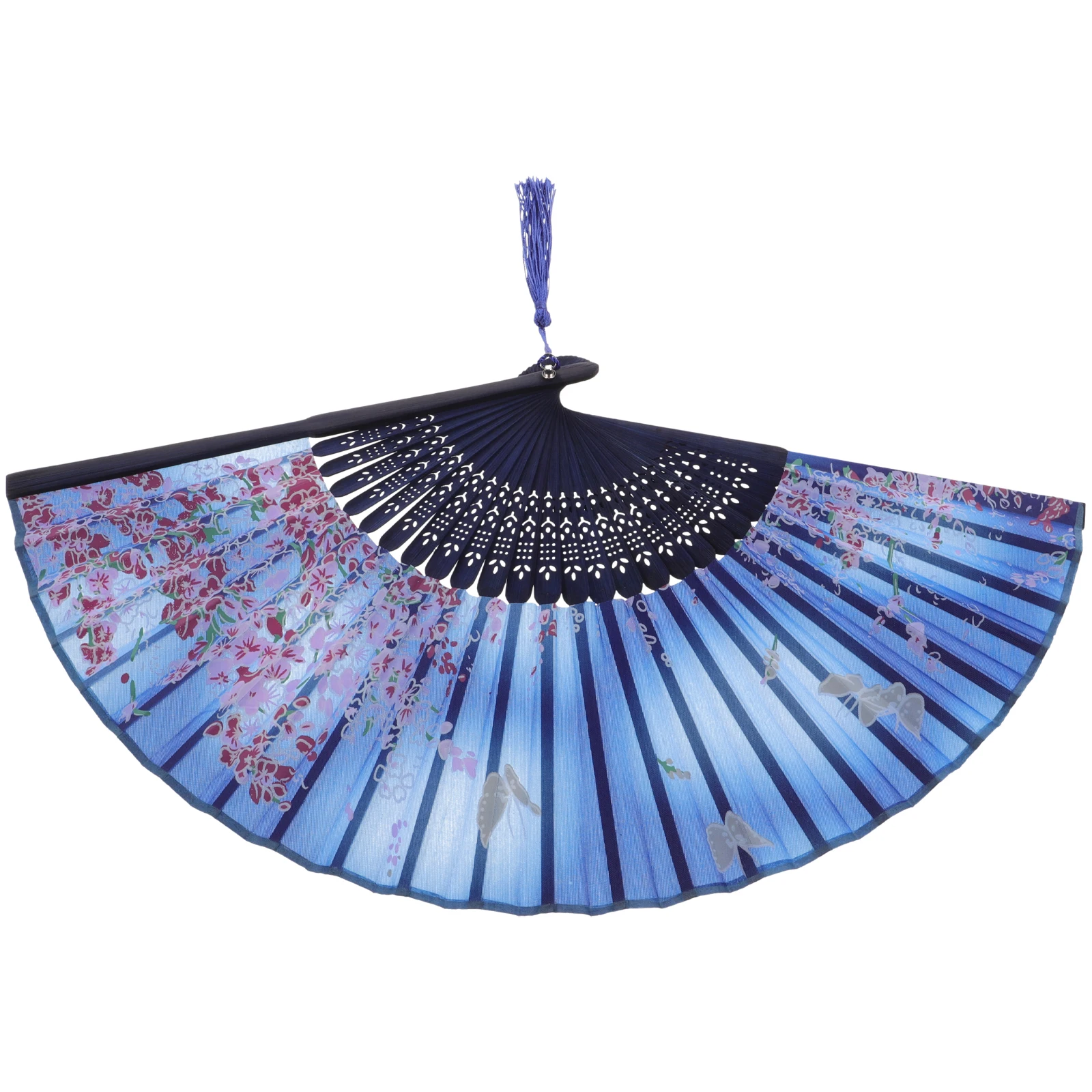 

1pc Classical Folding Fan Blue Butterfly Retro Wooden Handle Dance Props Unique Chinese Fans Handmade Tassel Decorative Wall