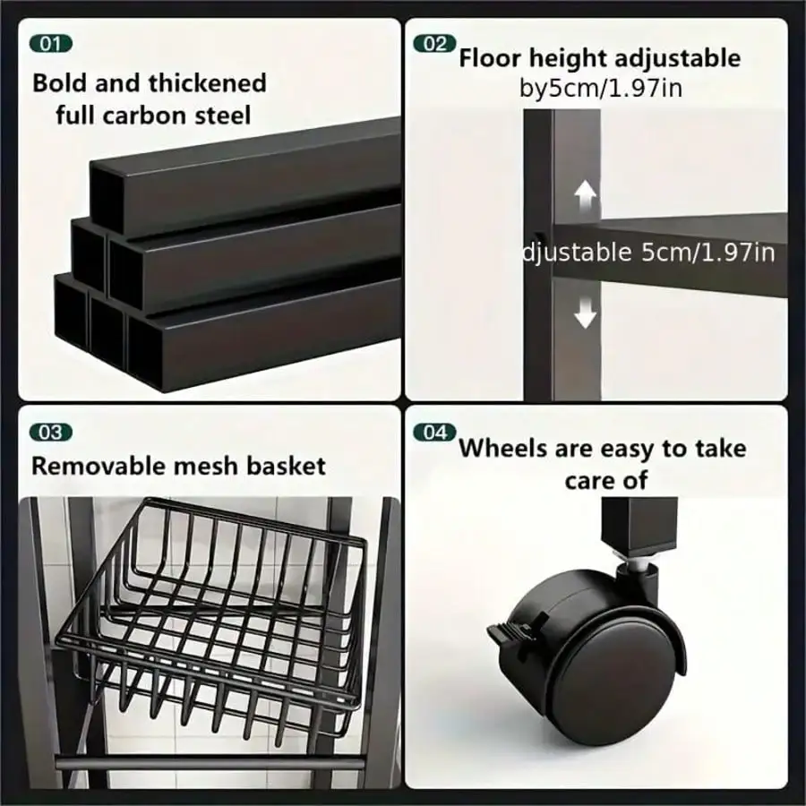 1 رف تخزين المطبخ متعدد الوظائف، سلال تخزين سلة قابلة للتعديل مكونة من 4 طوابق و3 خطوط، رف ميكروويف متنقل قابل للتعديل