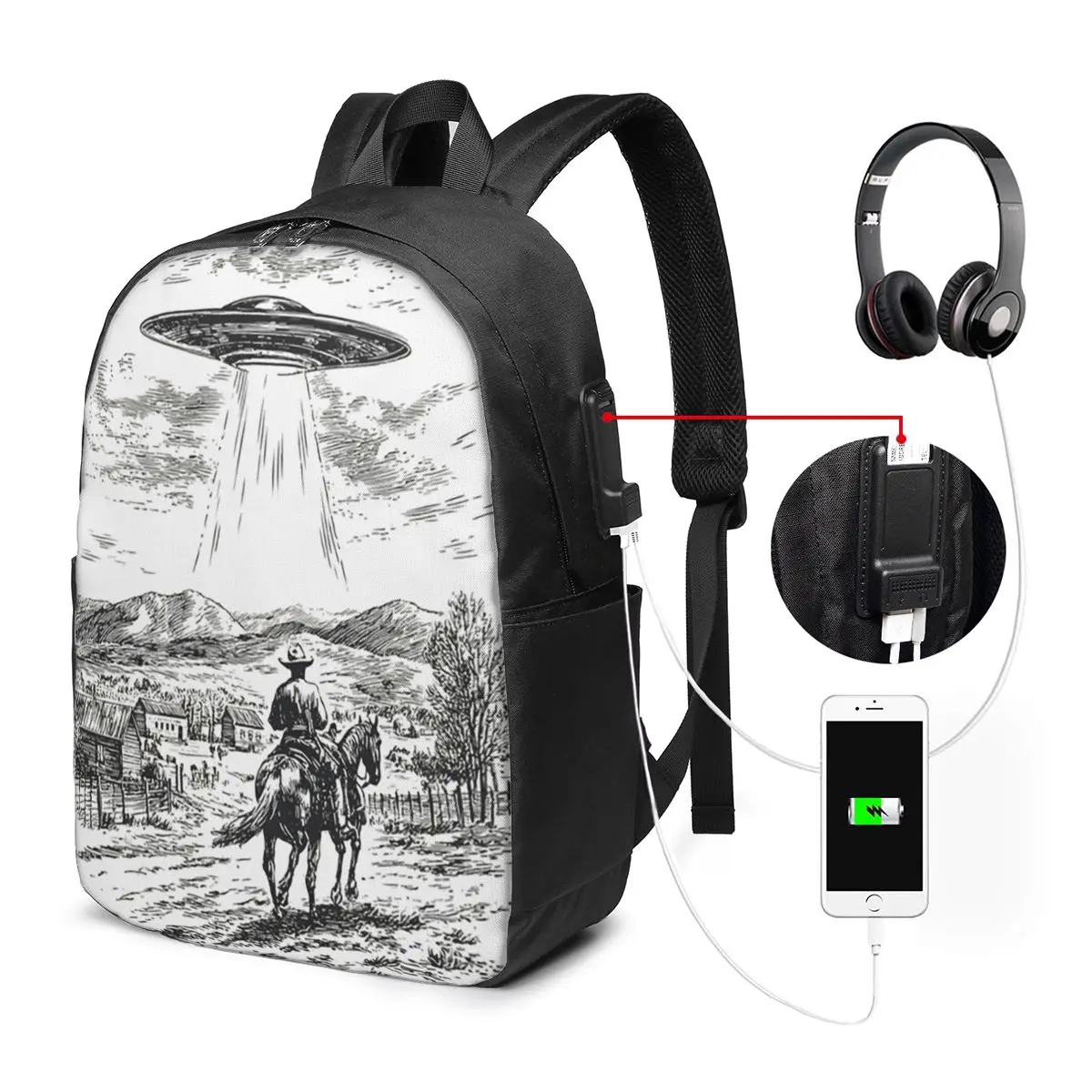 Alien UFO Encounter Cowboy Design Backpack Travel Notebook Bag Computer College Student School Bag Laptop Shoulder Bags
