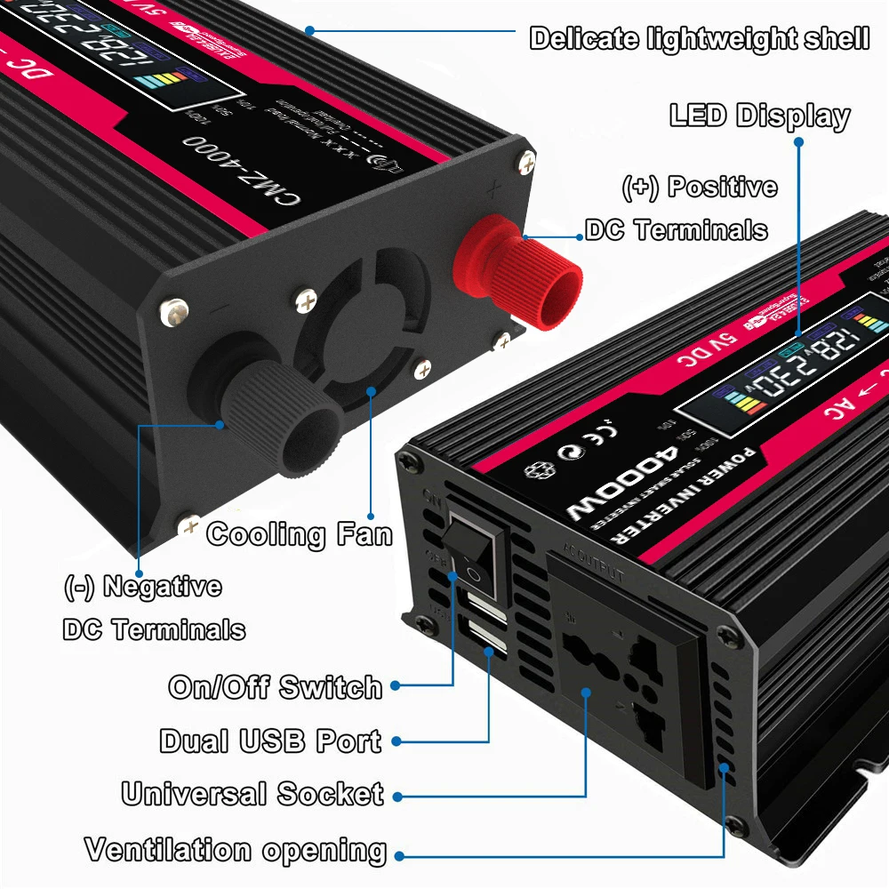 Kit Sistem Panel Surya Inverter Daya Mobil 4000W 12V Hingga 110V 220V dengan Pengubah Tegangan Tampilan LED Gelombang Sinus Termodifikasi