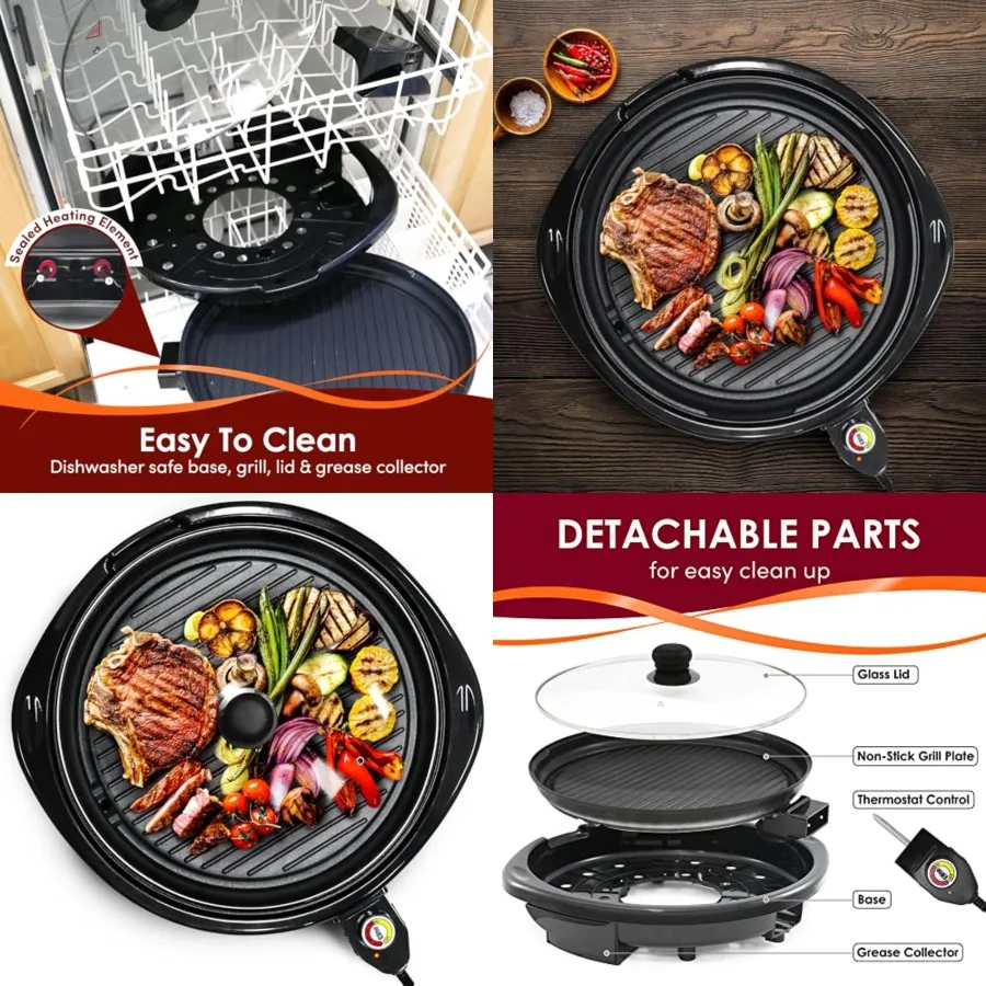 

EMG-980BX Large Indoor Electric Round Nonstick Grill Cool Touch Fast Heat Up Ideal Low-Fat Meals Dishwasher Safe Includes Glass
