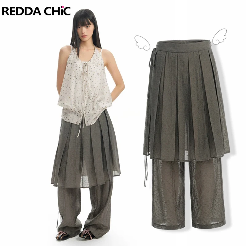 REDDACHiC Fake Two-piece Palazzo Pants for Women Alternative Lyocell Lightweight Baggy Pleat Warp Pants Lounge Summer Clothes