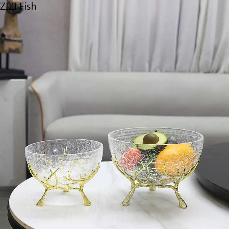 

Ice Cracked Texture Fruits Bowl Golden Branches Bracket Glass Storage Tray Snacks and Nuts Bowl Home Kitchen Dessert Cutlery