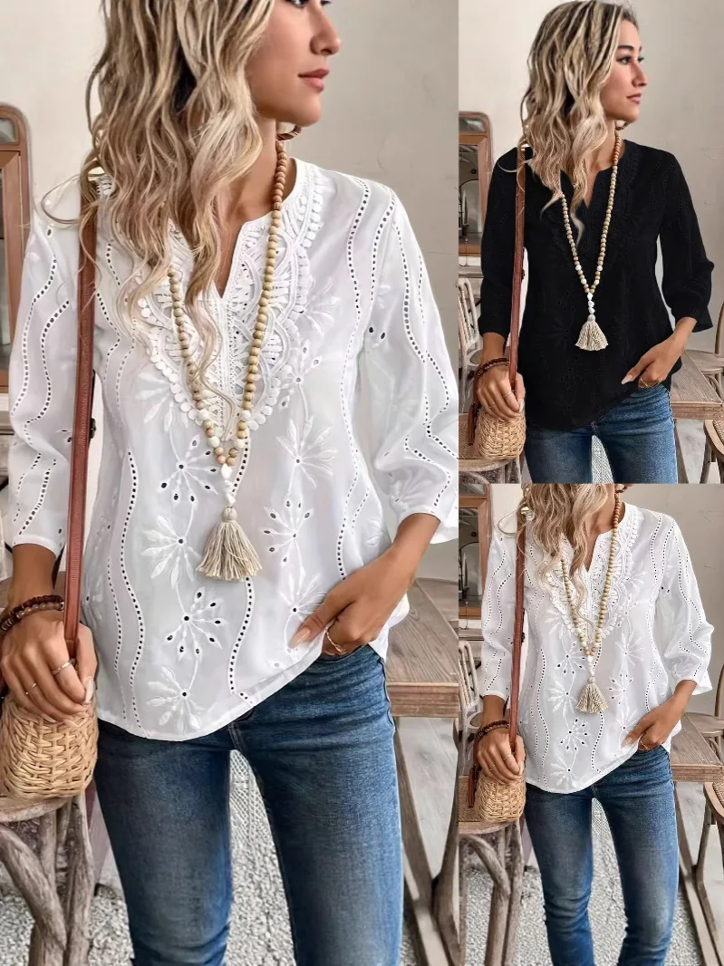

Fall Women Clothes Women's Solid Color Notched-Neck Long Sleeve Simple Casual Blouse, Three Quarter Sleeve Tops
