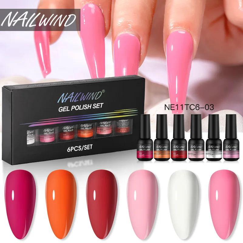 NAILWIND 6pcs Gel Nail Polish Kit Semi Permanent Cured UV LED Lamp Base Top Coat for Nail Art Decoration