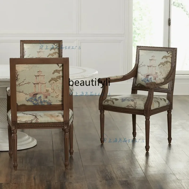 

American retro solid wood dining chair armrest chair high-end printing soft bag backrest stool