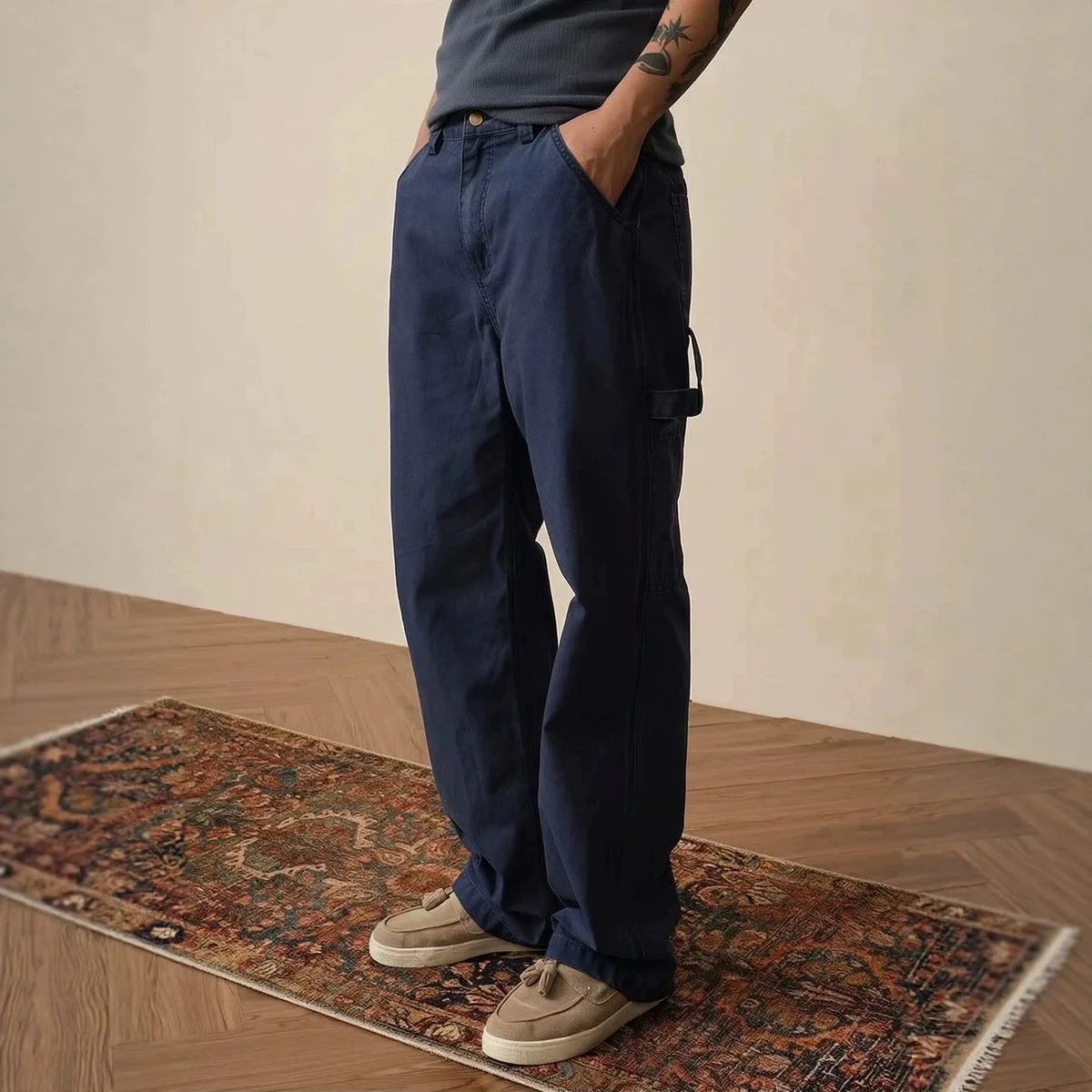 100% Cotton French Vintage Double-Knee Logger Workwear Pants Heavy Wash Distressed Loose Wide-Leg Men's Trousers Multi-Pocket