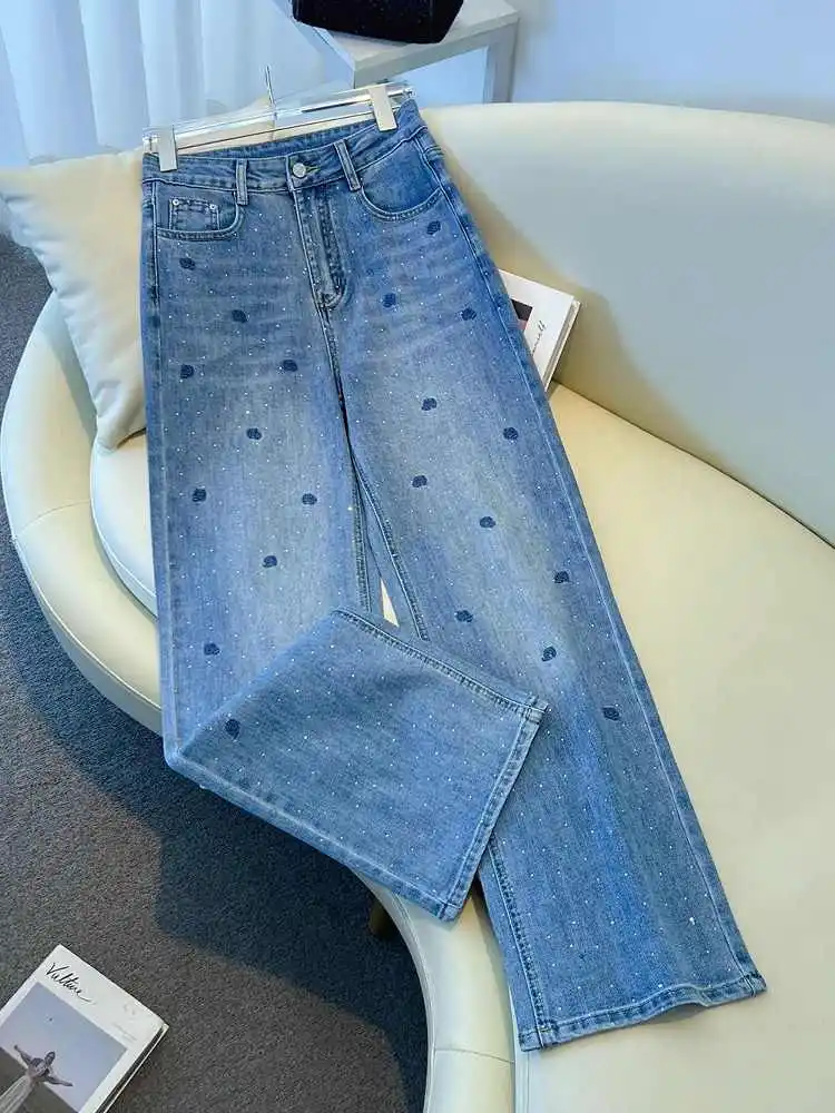 

Rose Embroidered Hot Diamond Jeans American Retro Blue Loose Wide Leg Pants 2026 New Women High Waist Slim Denim Trousers