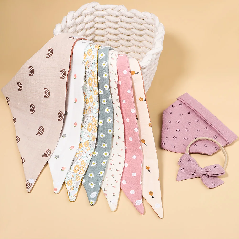 3Pcs/Set Muslin Cotton Print Bib Newborn Bows Headband Triangle Saliva Towel Infant Boy Girl Feeding Burp Baby Hair Accessories