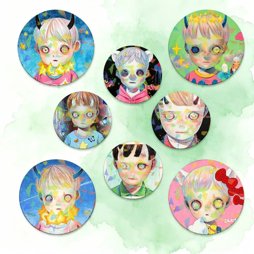 Artist H-Hikari S-Shimoda Cartoon Round Badge Lapel Pins for Backpacks Briefcase Laser Brooch Clothes Gifts