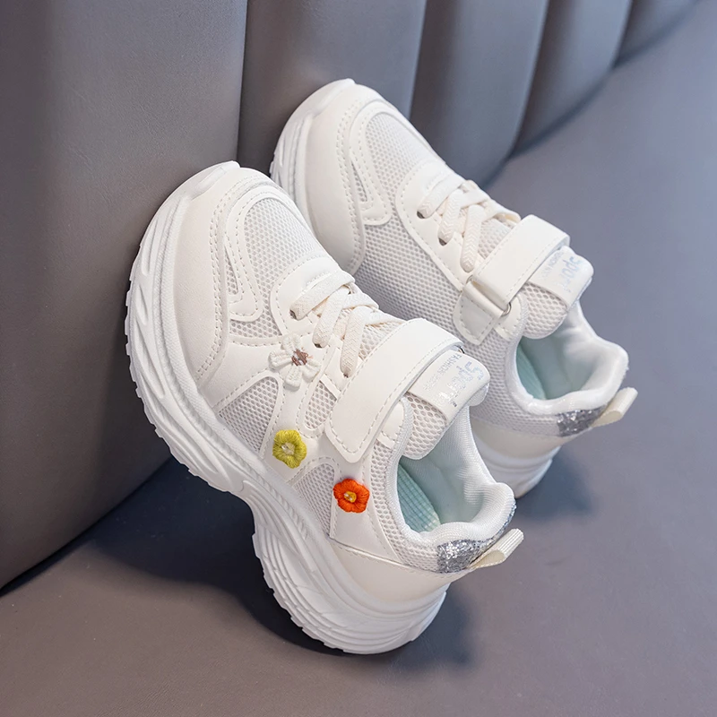 Girls Mesh Sneakers Colorful Embroidery Flower Magic Tape Thick Sole Breathable Children Casual Running Shoes