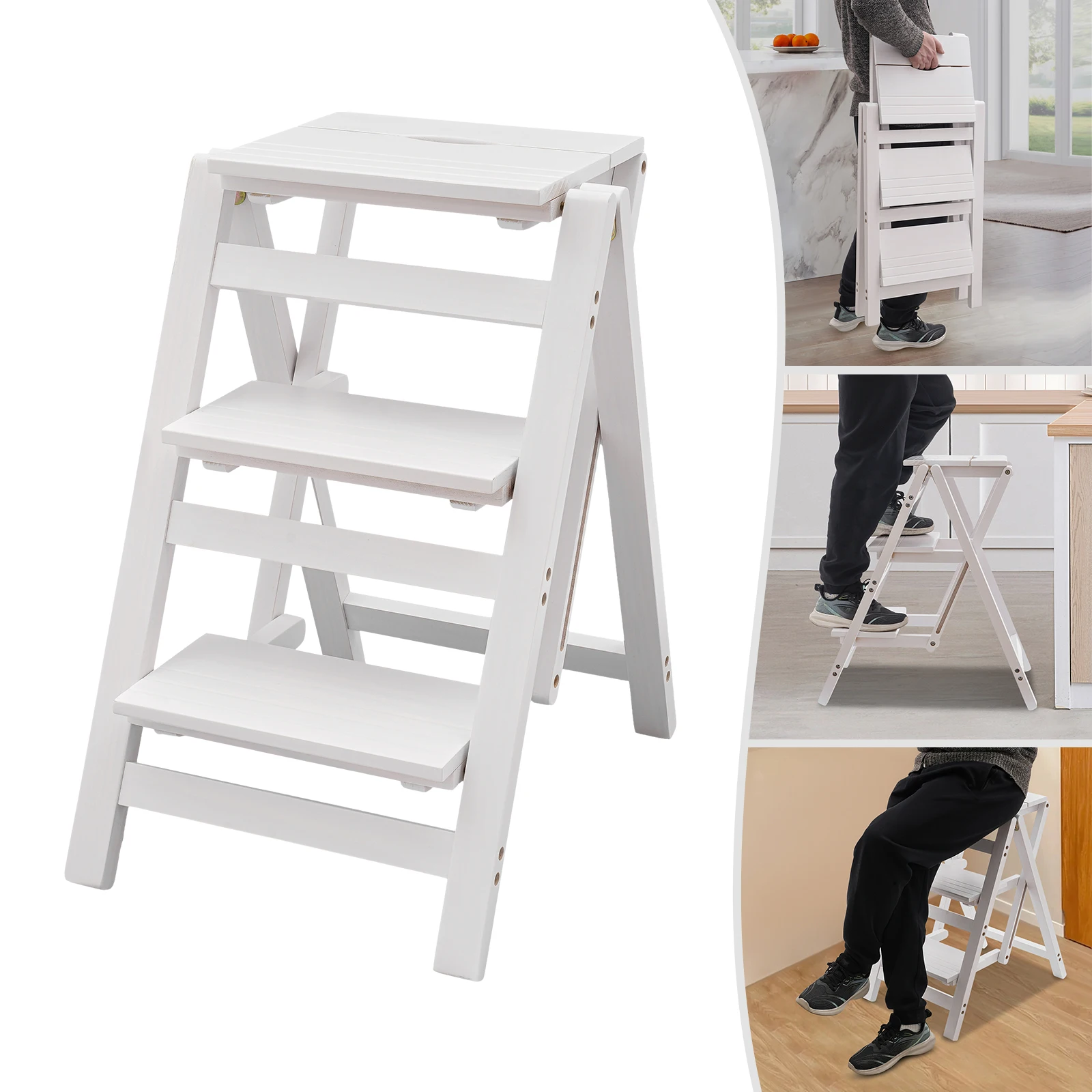 Chair Ladder, 3-Step Ladder Folding Step Stool Ladder Chair, White Pinewood Kitchen Step Stool Counter Chair for Kitchen, Bedroo