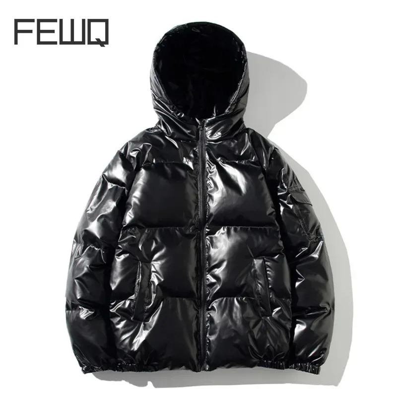 FEWQ Men's Winter Bright Cotton Coat Parka Jacket Short Stand Collar Korean Fashion Trendy Solid Color Male Tops 21Z7705