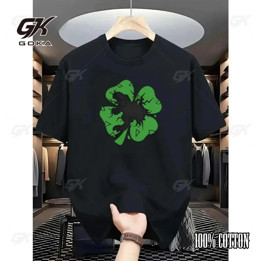 St. Patrick's Day Shamrock with Dinosaur Silhouette Graphic T-Shirt Y2k Clothes Casual Short Sleeve Navy Crewneck Tops
