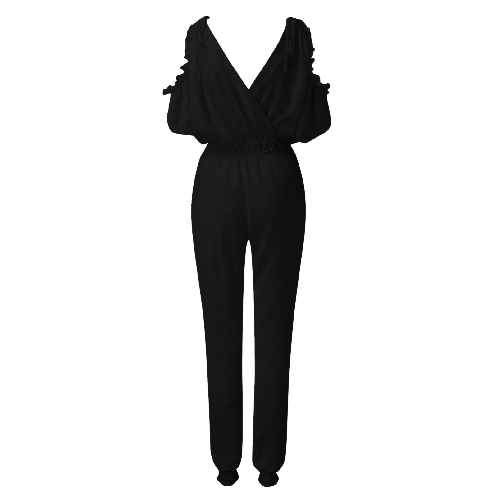 Women's Spring Autumn Sexy Deep V Neck Jumpsuit Fashion Pocket Elastic Waist Off The Shoulder Female Casual Leggings Jumpsuit