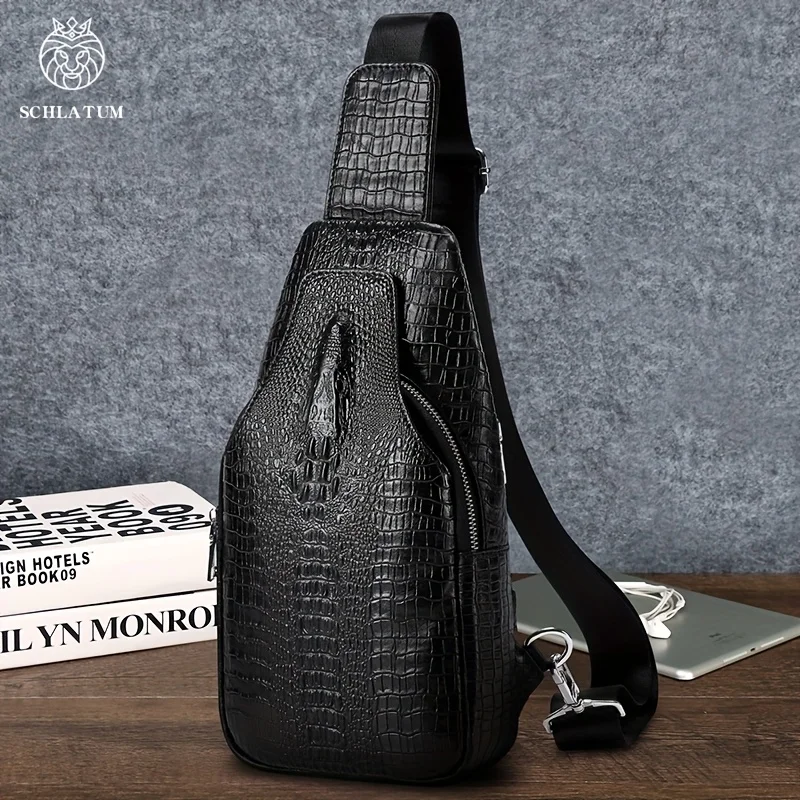 

Men's Genuine Crocodile-Textured Leather Chest Bag – Durable Crossbody Sling Pack for Travel, Commuting & Daily Use