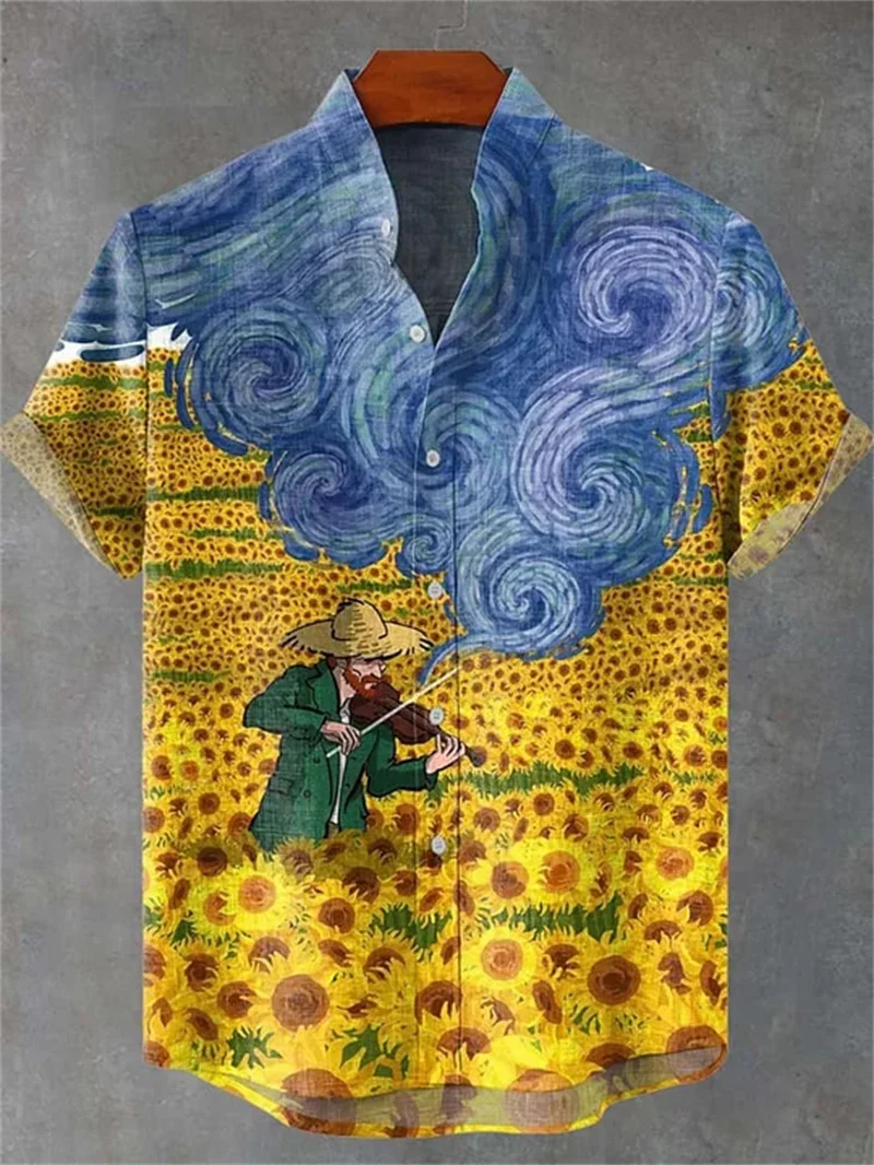 

Musician Van Gogh style retro 3D printed Hawaiian men's shirt fashionable streetwear shirt top in sunflowers, hot selling in2024