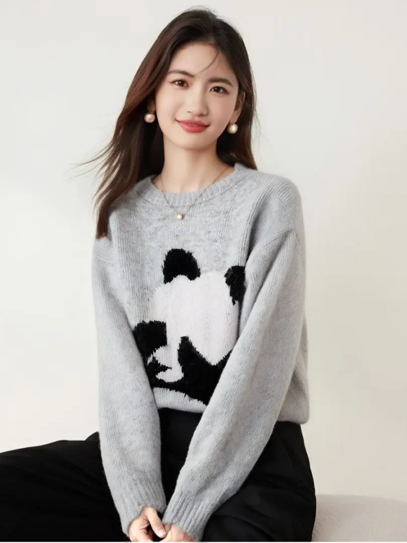 Style coréen Panda dessin animé Patchwork doux épaissir femme pull automne hiver à manches longues pull ample tricots haut dame